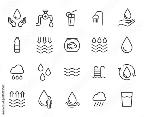 Diverse set of water and weather icons featuring raindrops, clouds, water drops, and usage for conservation