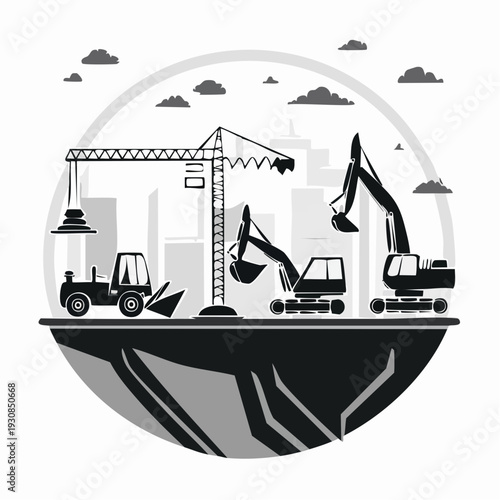 Construction Site with Heavy Machinery and Cityscape Background.