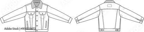 Technical fashion sketch of denim jacket and jeans collection with front and back views