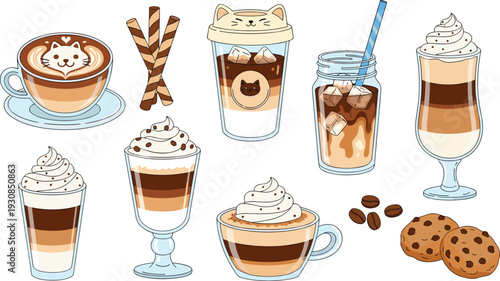 Kawaii coffee drinks set, cute cat latte art, iced beverages, frappes, cookies and wafers