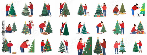 Holiday spirit: A woman decorates Christmas trees with lights, ornaments, stars, and garlands, preparing for the festive season with joy and cheer.