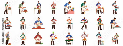 Men Carving Festive Roasted Turkeys and Chickens for Holiday Dinners and Celebrations, a Collection of Illustrations.