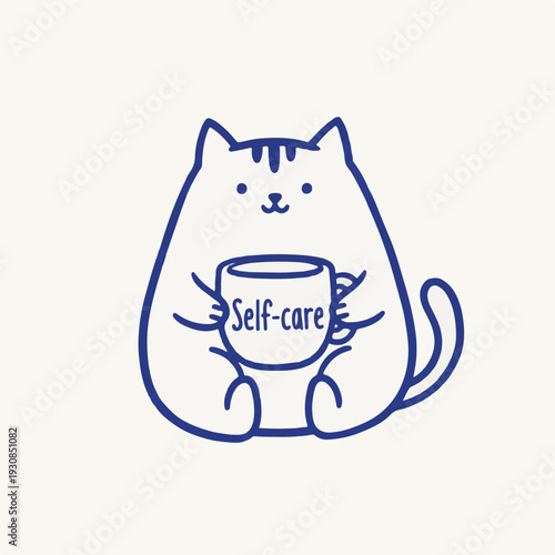 Line art minimalist cat holding self-care mug coffee cup mental health wellness concept morning routine cozy winter