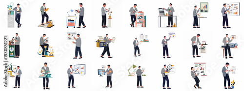 Business and finance professionals illustration set, showcasing men engaged in diverse accounting, data analysis, budgeting, and financial management tasks in office settings.