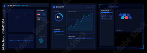 "The visual mood is high-tech, professional, and sophisticated. Dominated by a deep navy and electric blue palette, the dark mode interface exudes a sense of security and cutting-edge financial techno