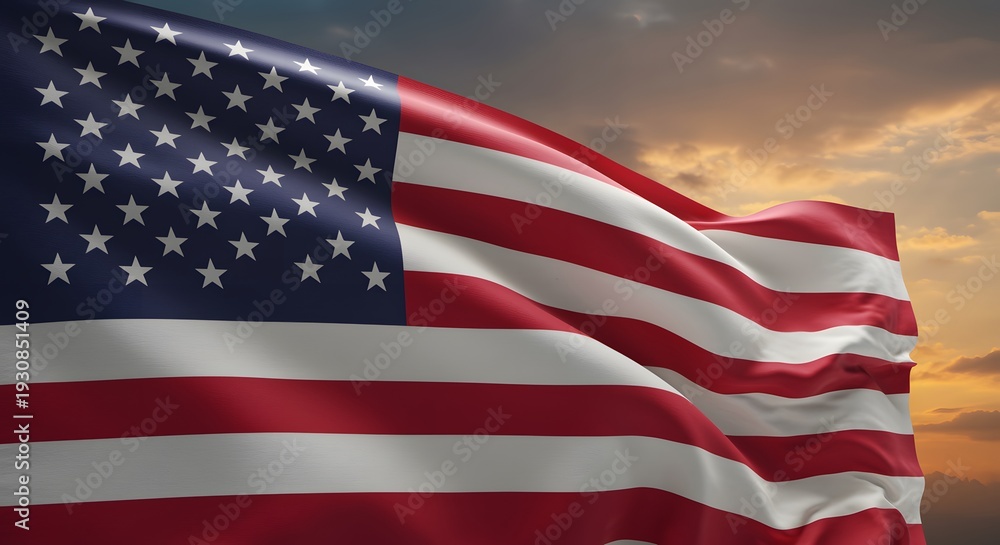 Obraz premium Closeup of the American flag waving majestically against a cloudy sunset sky backdrop