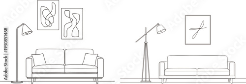 Modern Minimalist Living Room Interior Design with Sofa, Floor Lamp, and Abstract Wall Art - Stylish Home Decor Concept