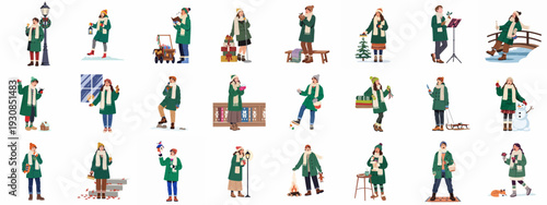 Collection of diverse people celebrating winter and Christmas holidays, engaged in various festive activities like caroling, gift-giving, and enjoying snowy scenes.
