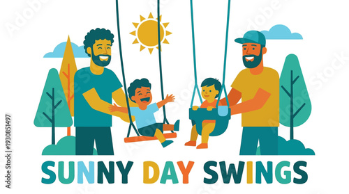 Joyful father sharing joy with his boy on a swing under bright sun in a lively cartoon illustration
