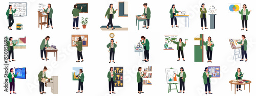 Modern Teacher Vector Pack: Woman educator teaching, lecturing, calculating, researching, and managing tasks in various school and academic settings.