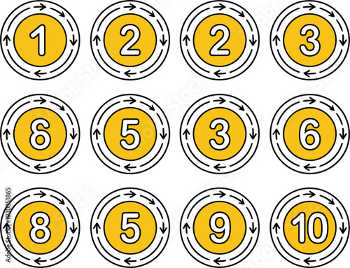 A set of numbered yellow tokens arranged in rows Vector