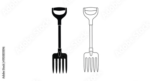 Two garden tools a fork and a spade in contrasting styles silhouette