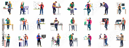 Diverse tech professionals illustrating various work activities, including coding, design, and problem-solving in a dynamic tech environment.