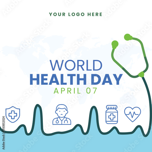 World Health Day April 07 banner with medical icons and stethoscope vector