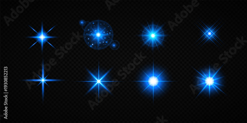 Colorful Star Light Effect Collection with Blue, Golden, and Yellow Glowing Starlight Sparkle Rays and Lens Flare Illumination on Transparent Background
