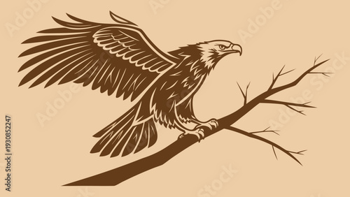 Majestic eagle perched on bare tree branch with wings spread wide