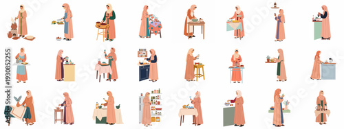 A collection of illustrations depicting Muslim women in hijabs preparing food, cooking, serving, and performing various domestic kitchen tasks in an everyday home setting.