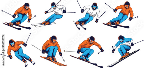 Skiers Action Poses Snow Sport Commercial Vector