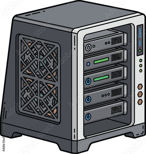 Server tower with disk drives for data storage and corporate networking isolated on transparent background, Vector