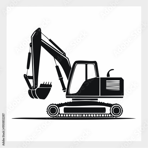 Black and white excavator illustration on white background.