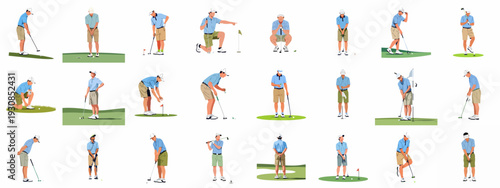 Male Golfer Playing Golf: Flat Illustrations of Diverse Poses and Actions on the Course, Including Putting, Aiming, and Observing the Game.