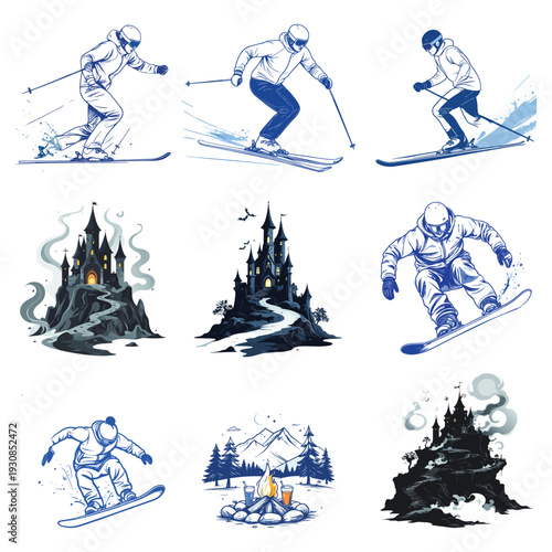 Winter sports icon set with silhouettes of snowboarding skiing hockey and other activities in a grunge vector style