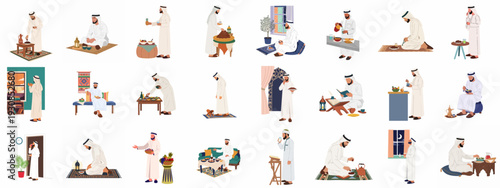 Arabian Men Observing Ramadan Traditions: Prayer, Fasting, and Daily Rituals Collection