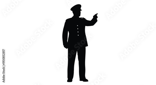 A uniformed officer pointing forward stark black against white silhouette