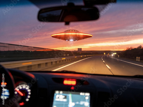 Passenger Looks Through Windshield As Mysterious Spaceship Appears Amidst Sunset Sky And Highway