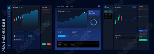 "The visual mood is high-tech, professional, and sophisticated. Dominated by a deep navy and electric blue palette, the dark mode interface exudes a sense of security and cutting-edge financial techno