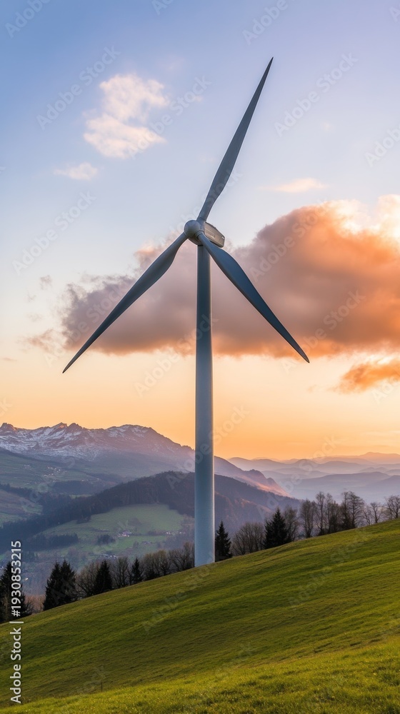 Obraz premium A wind turbine is standing tall on a hillside