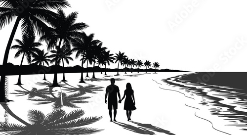 Couple Walking on Tropical Beach Sunset Palm Trees Seaside Landscape Romantic Travel Vacation Vector Illustration Design