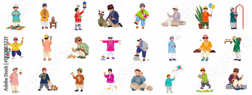 Collection of Muslim Boys Engaged in Diverse Daily Activities and Traditional Celebrations, Showcasing Childhood Play, Learning, and Cultural Traditions