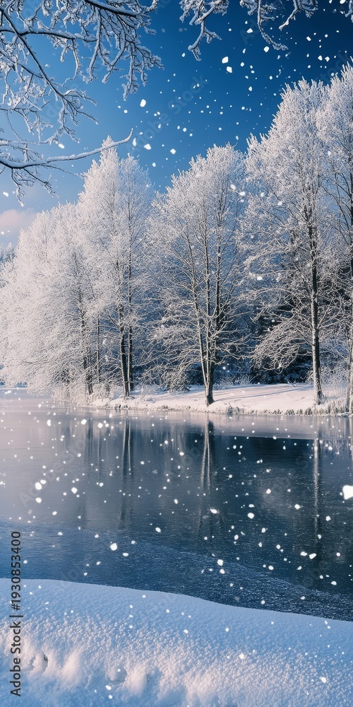 Fototapeta premium A tranquil winter scene featuring snow-covered trees and a calm lake reflecting the serene beauty of nature under a clear blue sky.