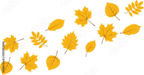 Scattered yellow fall leaves vector illustration in bold simple style isolated on white