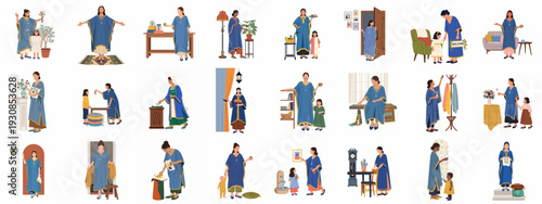 Everyday life scenes of women in traditional attire, engaging in domestic activities, family interactions, and cultural practices.