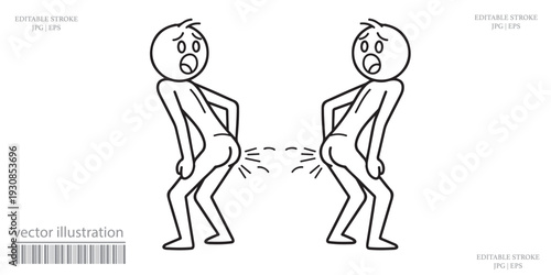 Two embarrassed stick men facing fart cloud silly humor vector