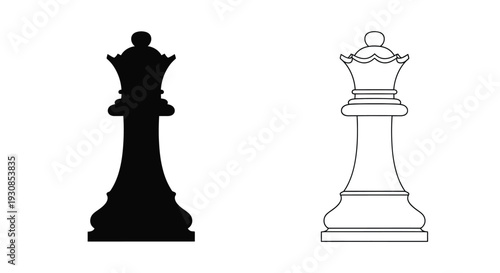 Chess queen in contrasting styles filled and outline silhouette