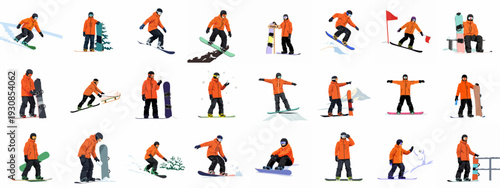 Vector illustrations of a snowboarder engaged in various winter sports activities, including riding, jumping, resting, and interacting with snow on the slopes.