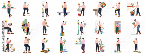 Diverse illustrations of men engaged in gardening, holding bouquets, and caring for plants, showcasing floral themes.