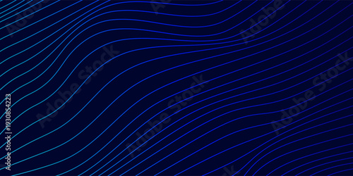 Abstract dark blue background with smooth flowing wave lines, neon cyan and electric blue curved line patterns, dynamic motion