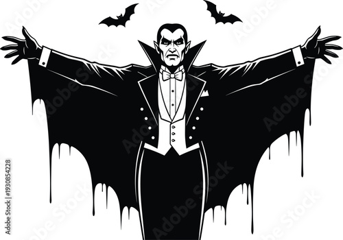 Dracula Vampire Silhouette with Bats Gothic Horror Character Halloween Dark Cloak Vector Illustration Spooky Monster Design