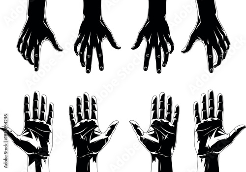 Set of black human hand silhouettes showing various gestures palms and reaching positions for communication health care and reaching out designs,