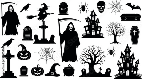 Set of black Halloween silhouettes featuring grim reaper witch haunted house pumpkin gravestone spider and spooky elements for scary holiday designs,
