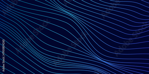 Abstract dark blue background with smooth flowing wave lines, neon cyan and electric blue curved line patterns, high contrast