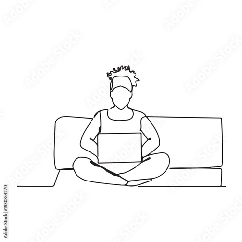 Continuous one line art of girl sitting with laptop. Casual woman doing freelance job work at home. 