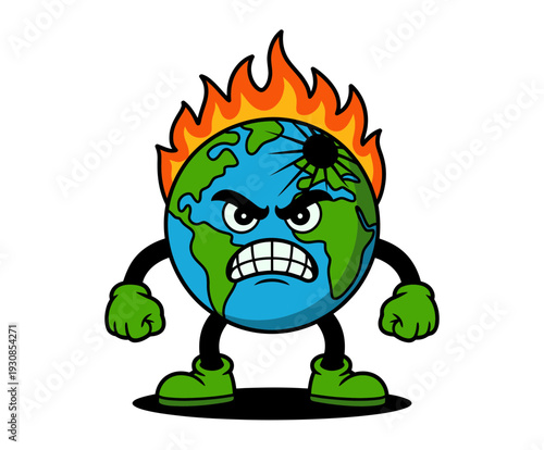 A cartoon illustration of the Earth with an angry face and flames on its head, symbolizing global warming and climate change.