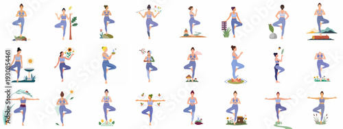 Collection of women practicing yoga tree pose and other balancing postures amidst natural elements, symbolizing wellness, mindfulness, and connection with nature.