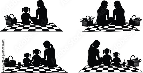 Family Picnic Silhouette Mother Children Sitting on Blanket with Basket Outdoor Park Activity Vector Illustration Collection