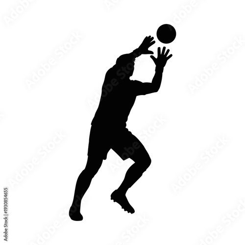 Dynamic silhouette of an athlete jumping to catch a ball in mid air during sport.